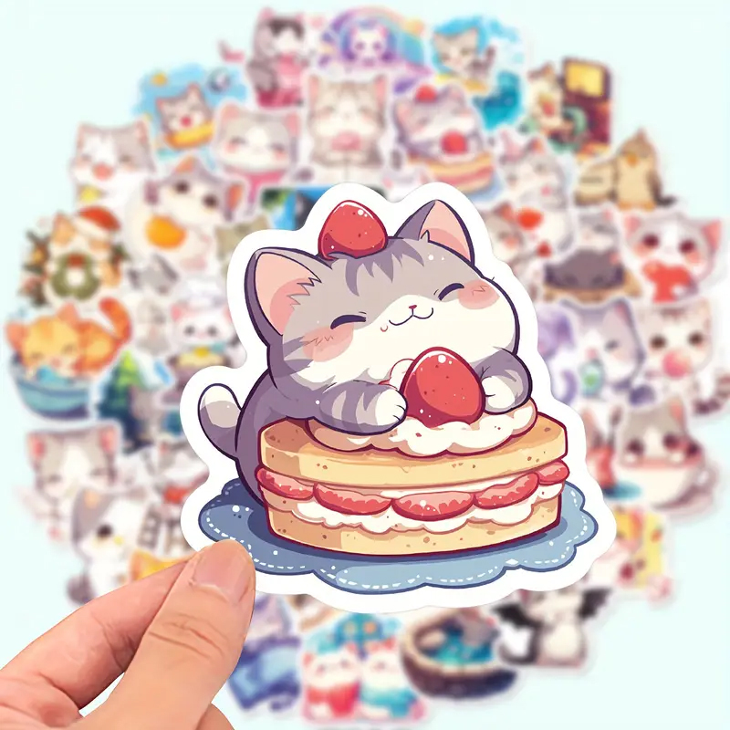 Kawaii Katzen Sticker Set – 50 wasserfeste, glänzende Motive