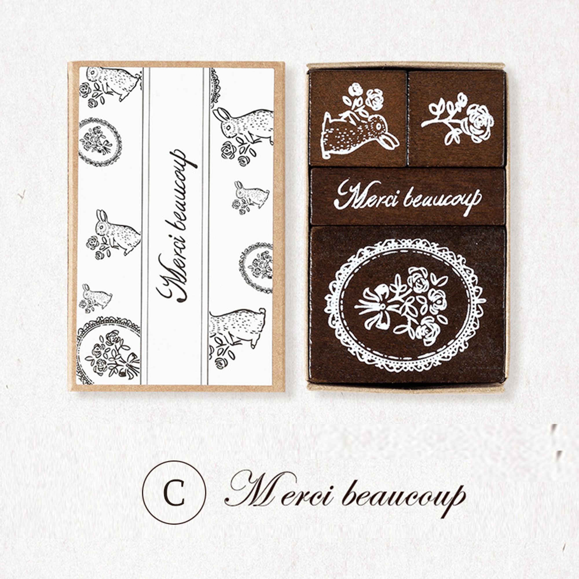 Holzstempel Set französische Motive – 4er Vintage Design auf Naturholz