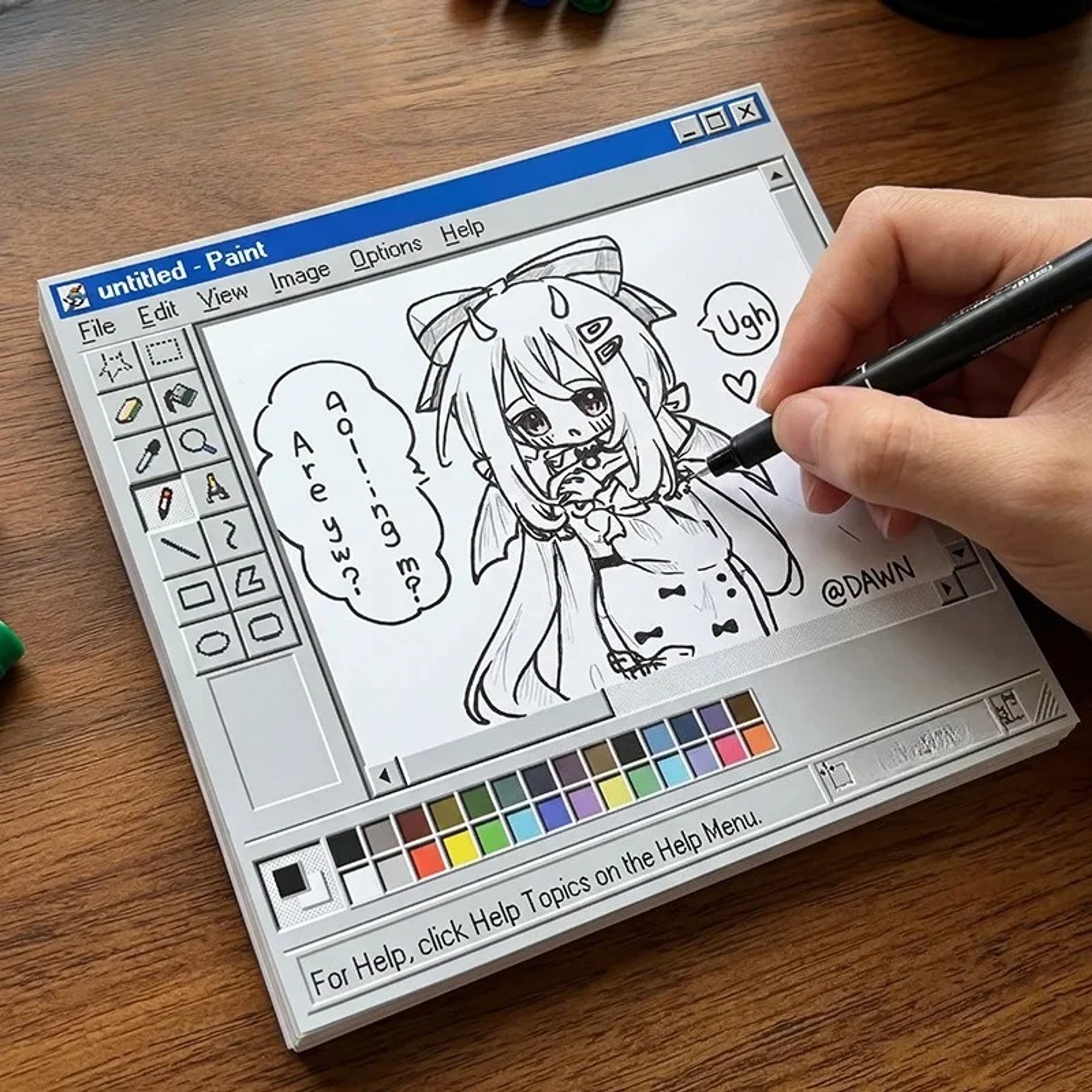 Retro Computer Haftnotiz mit Anime-Zeichnung in Fineliner, eine Hand zeichnet im weißen Malfeld