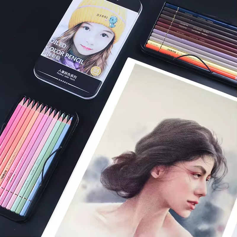 Hautfarben Buntstifte Set – 24 Töne mit ölbasierter Mine in Metallbox