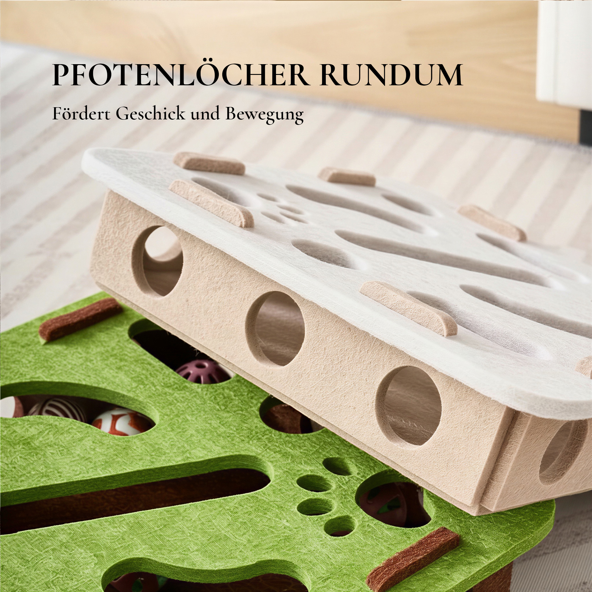 Interaktive Katzenspielbox aus Filz – Robuste Spielbox mit Glöckchenbällen