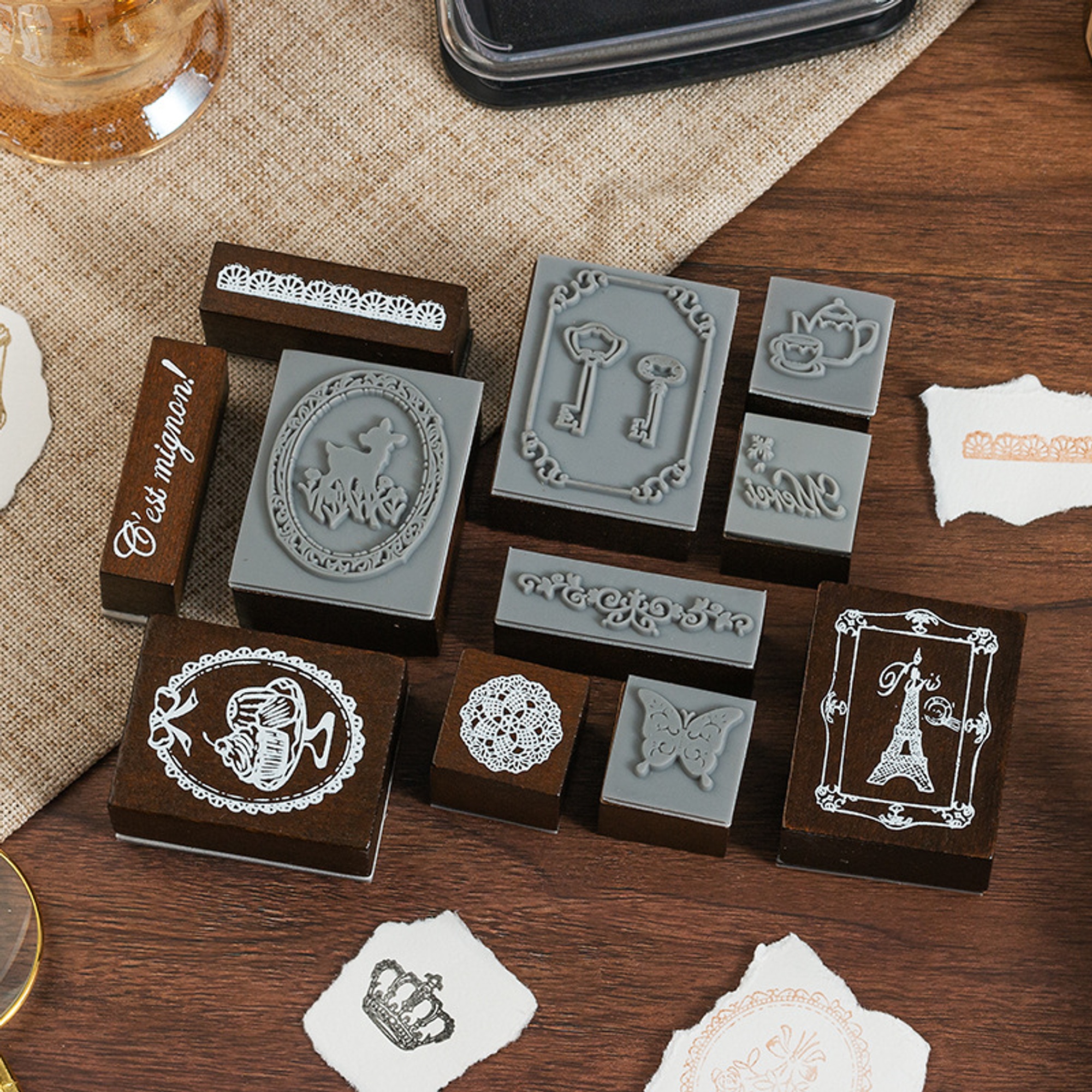 Holzstempel Set französische Motive – 4er Vintage Design auf Naturholz