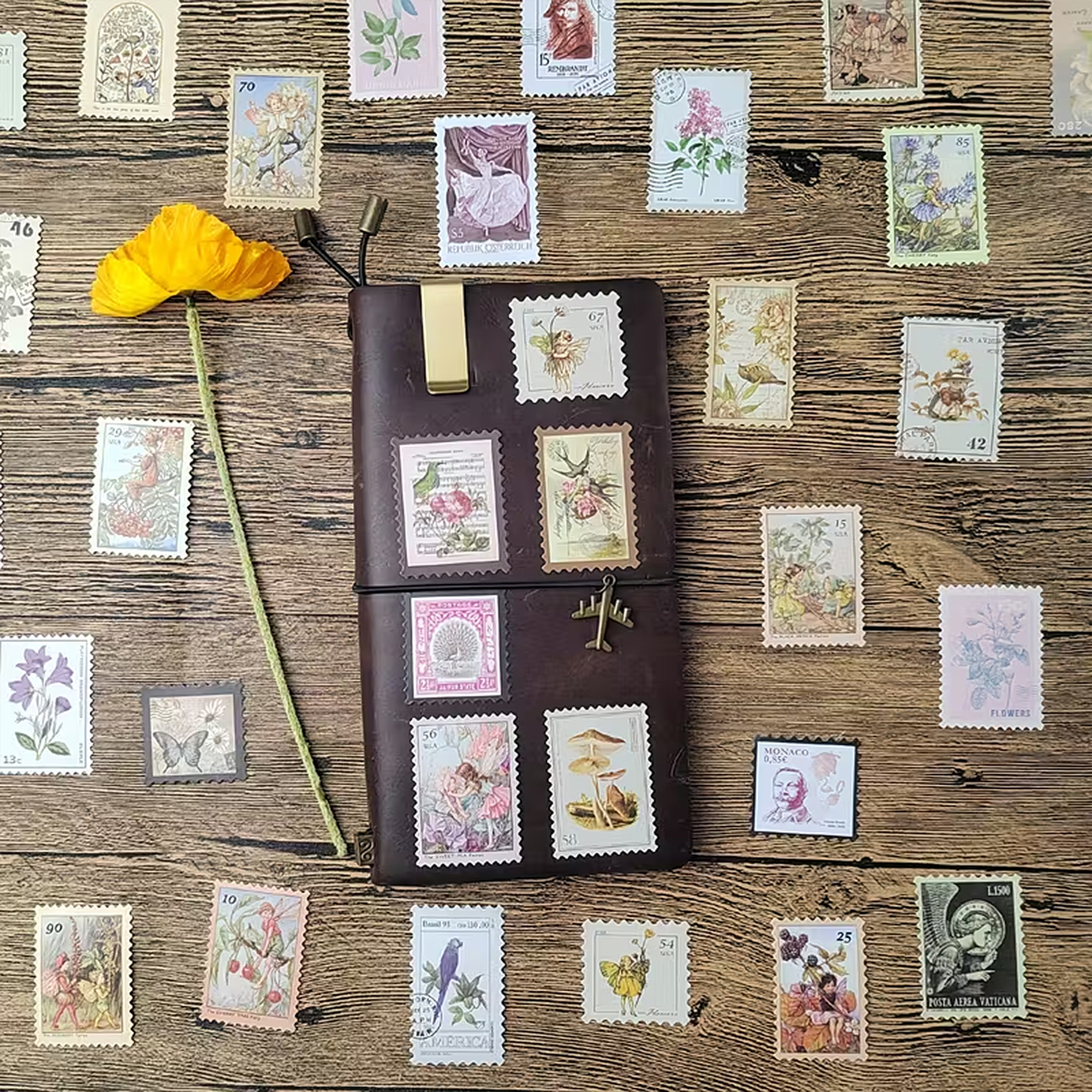 Botanische Briefmarken Sticker – 50-teiliges Set im floralen Vintage-Look