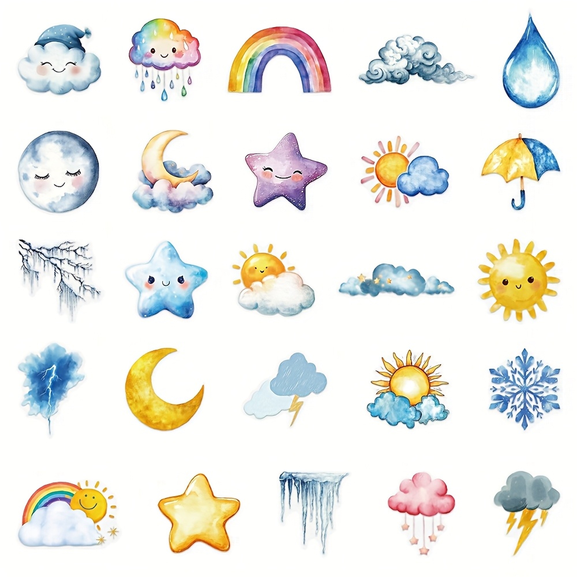 Aquarell Wetter Sticker Set – 50 transparente Aufkleber mit Himmel-Motiven