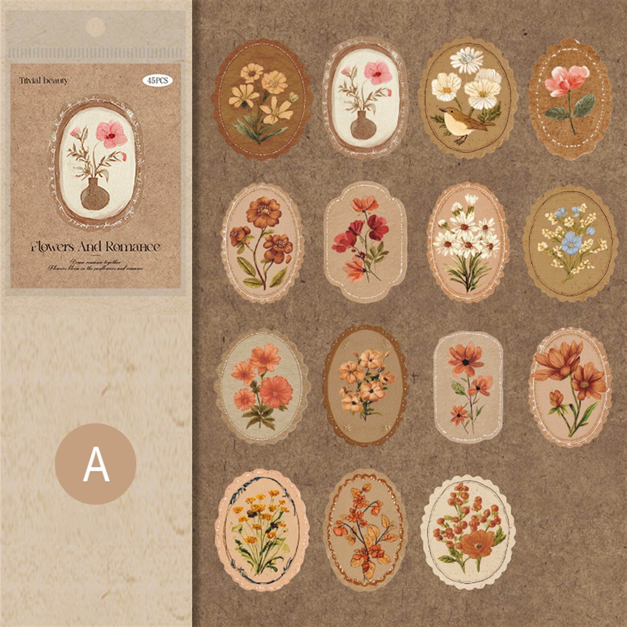 Retro Blumen Sticker Set – 45 Stück mit 15 verschiedene Motive