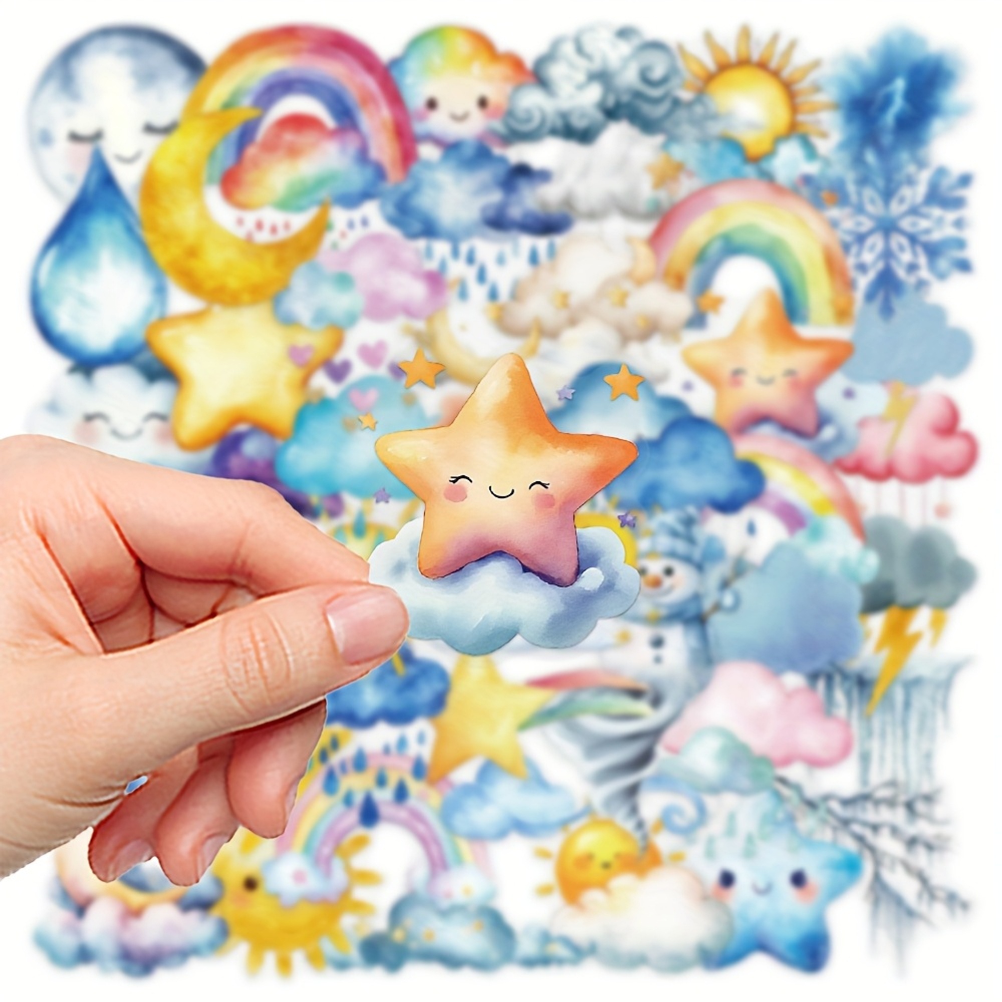 Aquarell Wetter Sticker Set – 50 transparente Aufkleber mit Himmel-Motiven