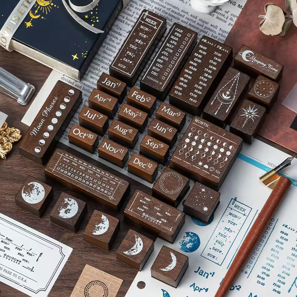 Mondphasen Holzstempel Set – 30 Motive für Kalender und Scrapbooking