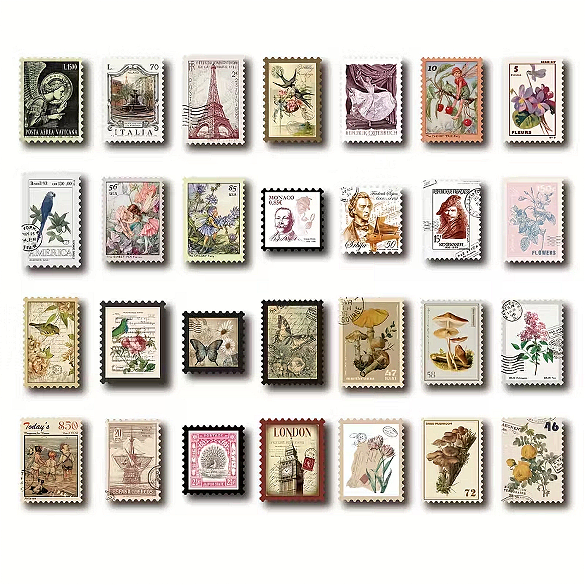 Botanische Briefmarken Sticker – 50-teiliges Set im floralen Vintage-Look