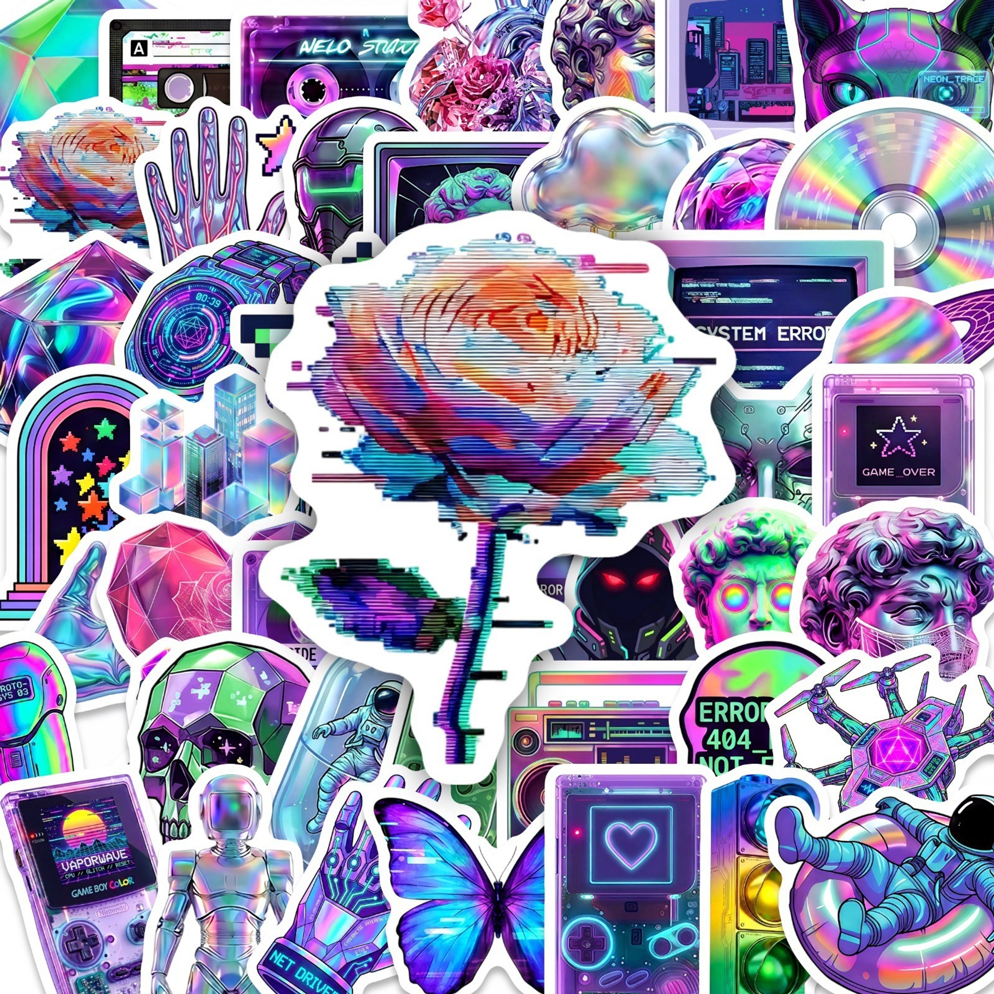 Cyber Vaporwave Sticker Set – 50 Papieraufkleber im Neonstil