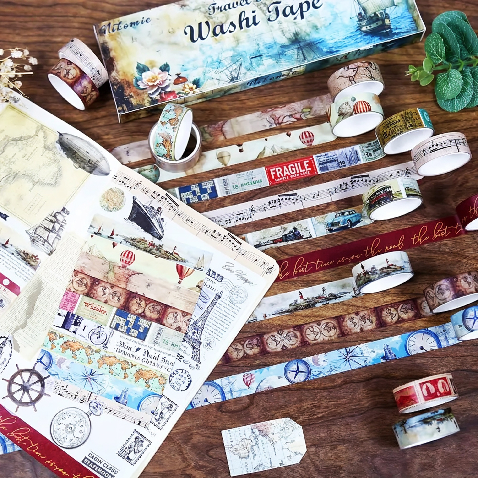 Retro Washi Tape Set – 12 Rollen Motiv Klebeband im Reise-Stil