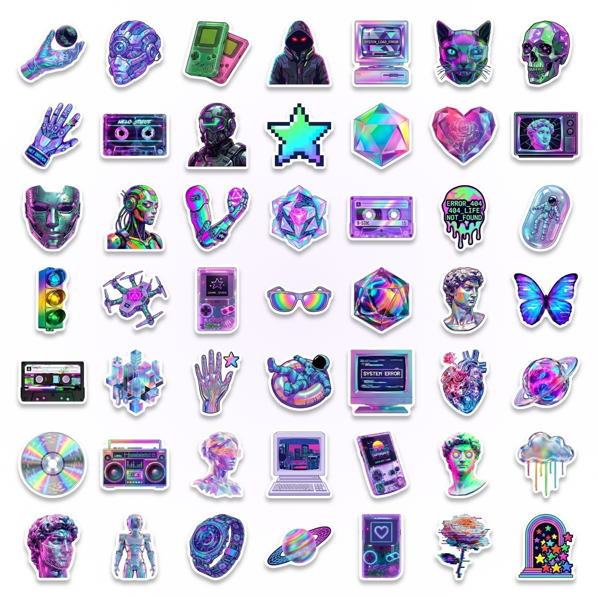 Cyber Vaporwave Sticker Set – 50 Papieraufkleber im Neonstil