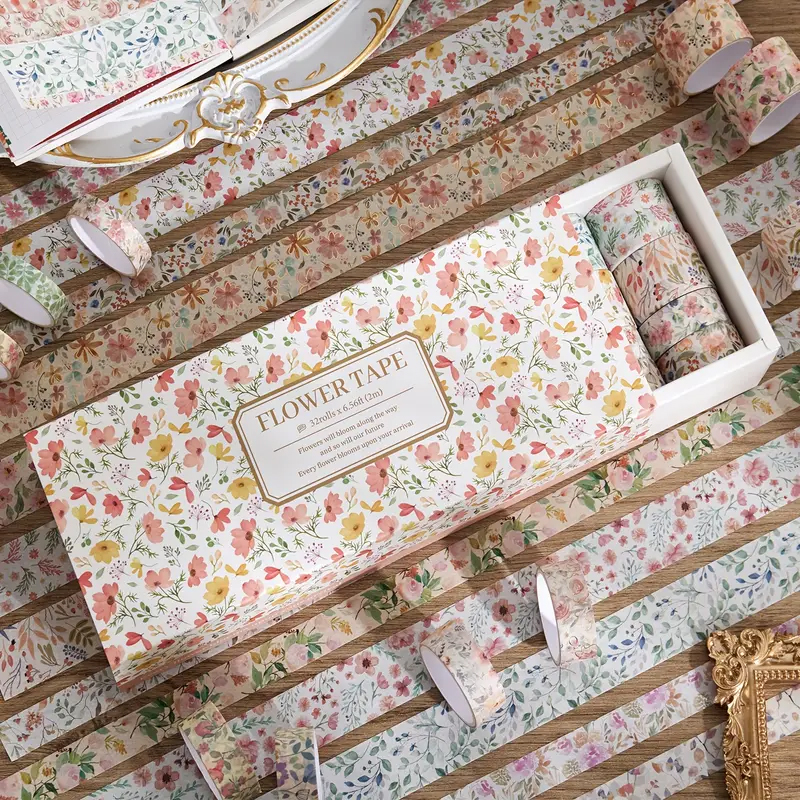 Washi Tape Set Blumen – 32 Rollen florale Papier-Dekobänder