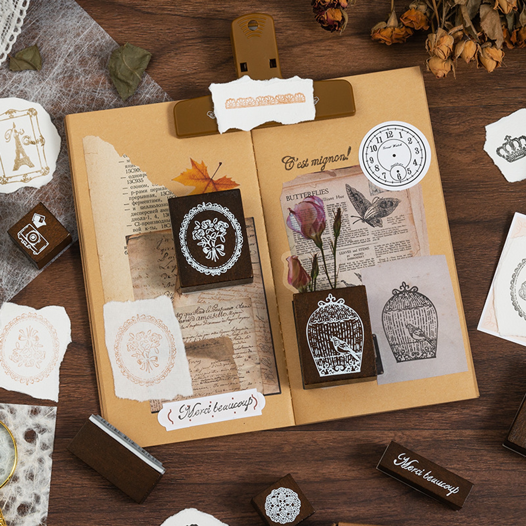 Holzstempel Set französische Motive – 4er Vintage Design auf Naturholz