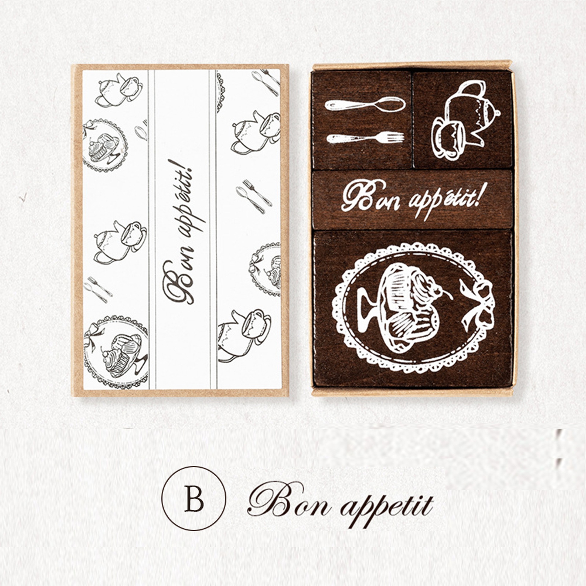 Holzstempel Set französische Motive – 4er Vintage Design auf Naturholz