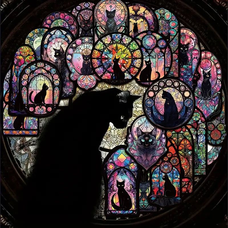 Buntglas Blackcat Sticker – 50 Motive | Mattes Vinyl, 4–6 cm, selbstklebend, schwarze Katzen im Glasstil, Aufkleber, Sticker, DIY & Deko