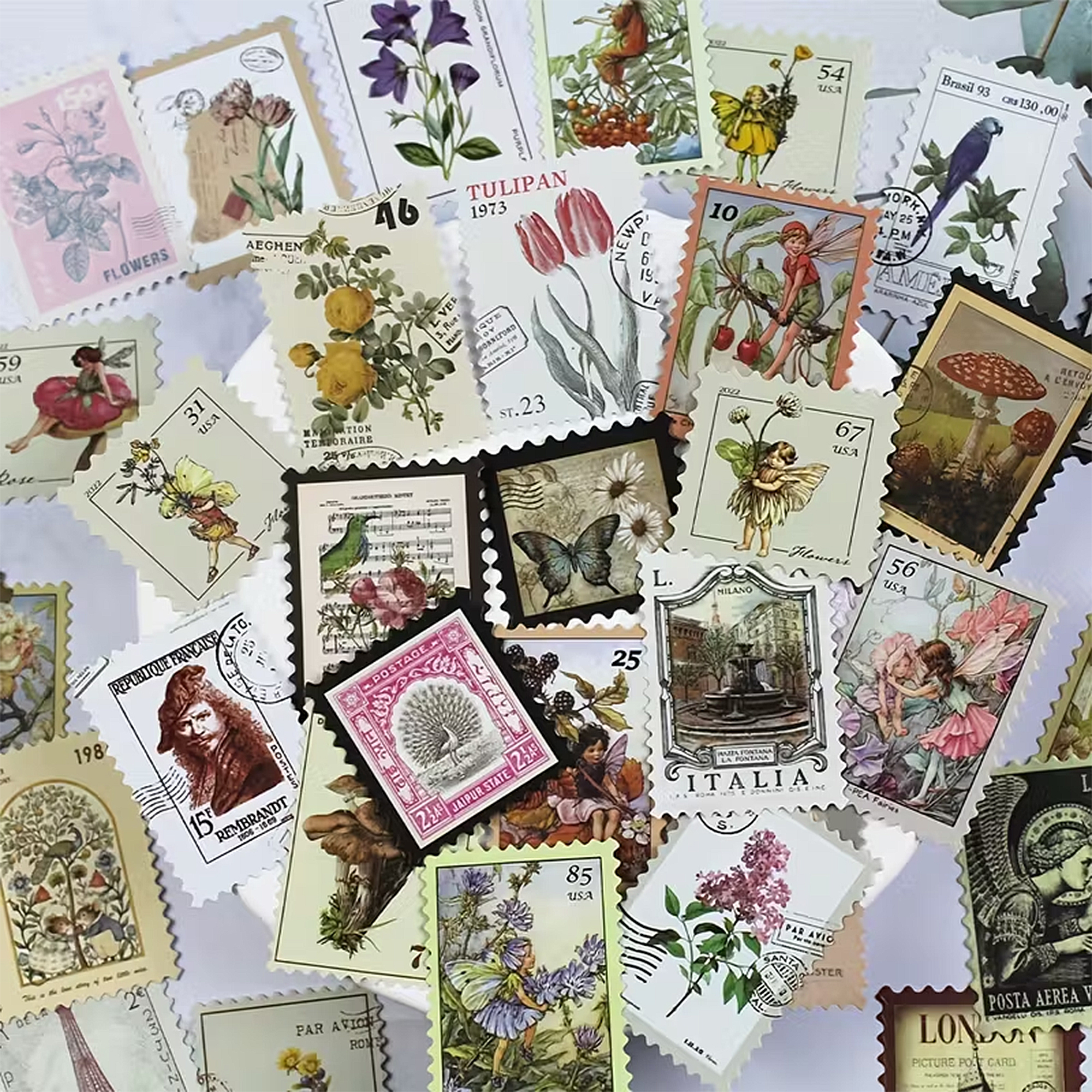 Botanische Briefmarken Sticker – 50-teiliges Set im floralen Vintage-Look