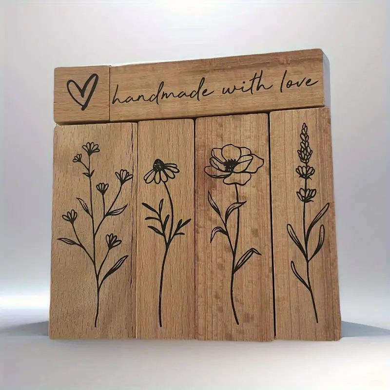 Holzstempel Set Blumen – 6-teilig mit floralen Motiven und Herz