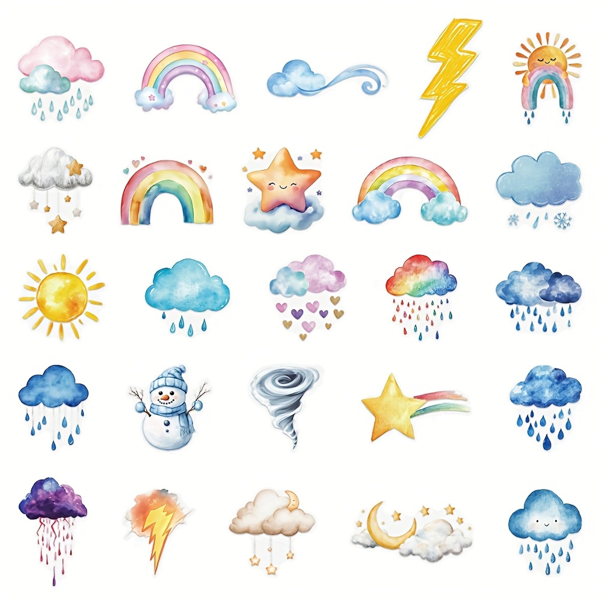 Aquarell Wetter Sticker Set – 50 transparente Aufkleber mit Himmel-Motiven