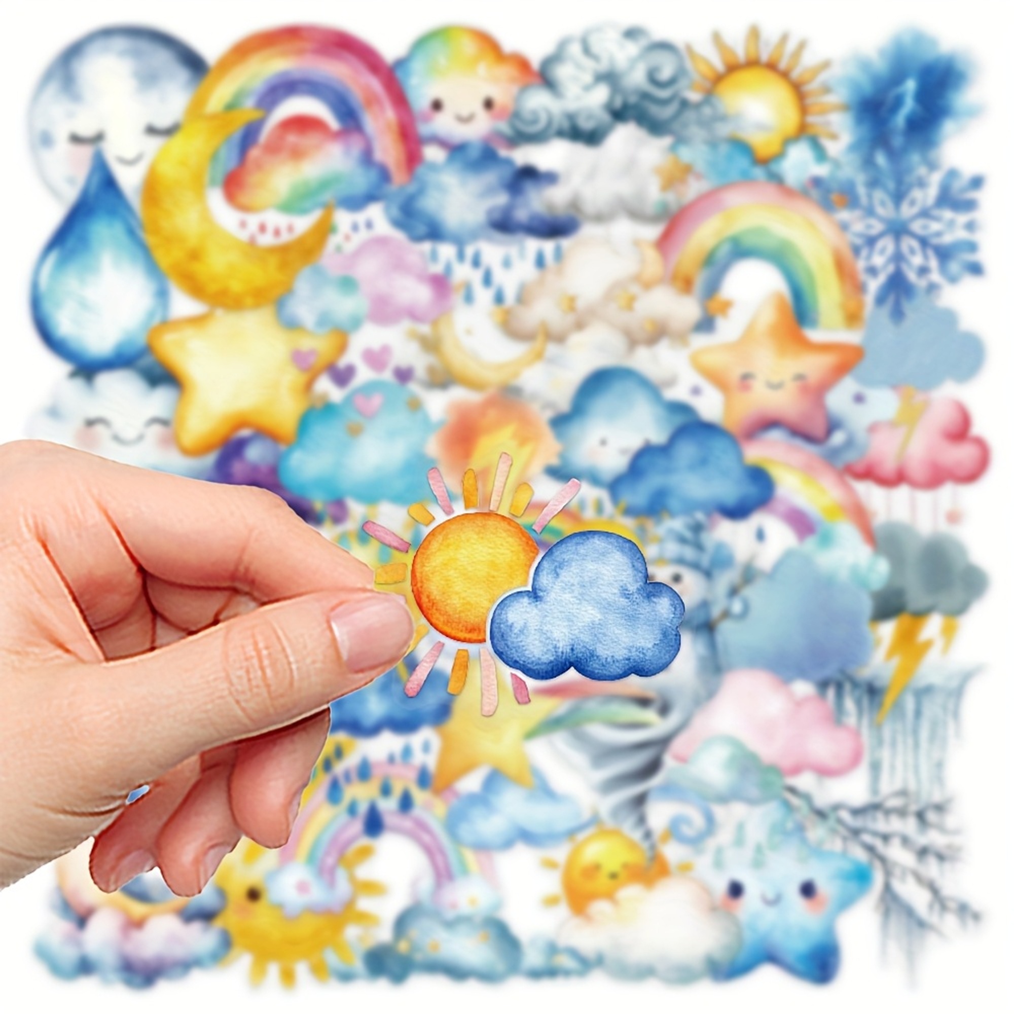 Aquarell Wetter Sticker Set – 50 transparente Aufkleber mit Himmel-Motiven