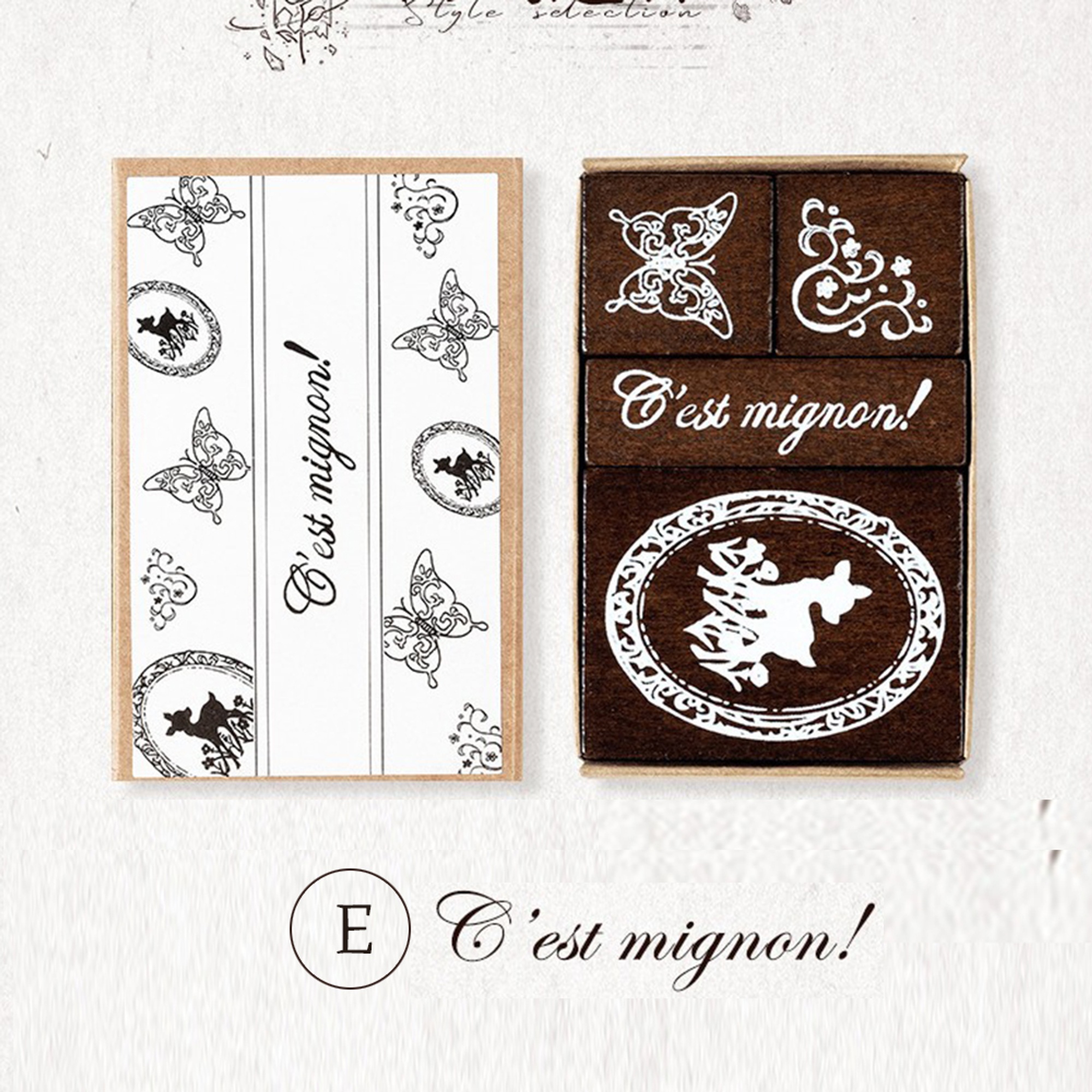 Holzstempel Set französische Motive – 4er Vintage Design auf Naturholz