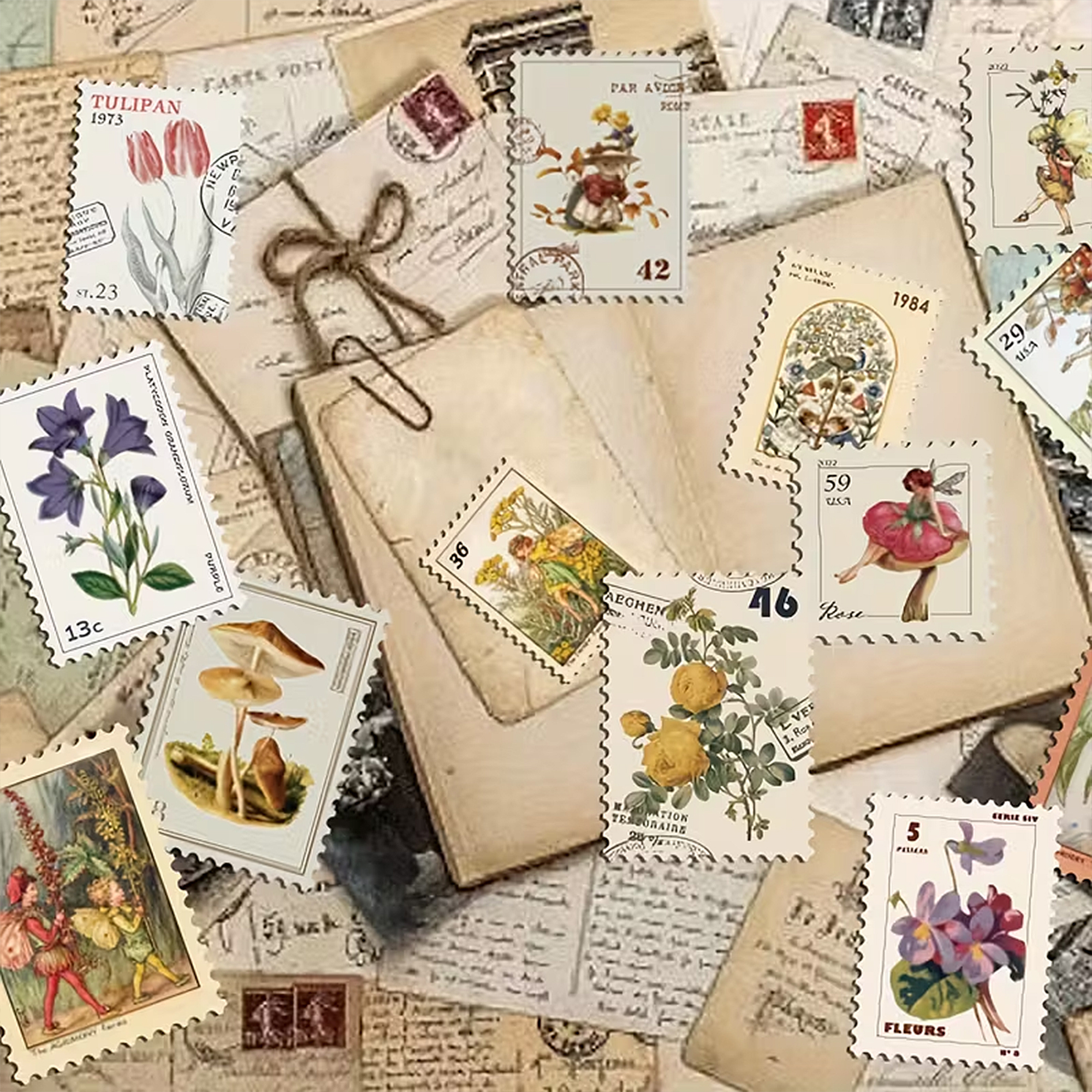 Botanische Briefmarken Sticker – 50-teiliges Set im floralen Vintage-Look