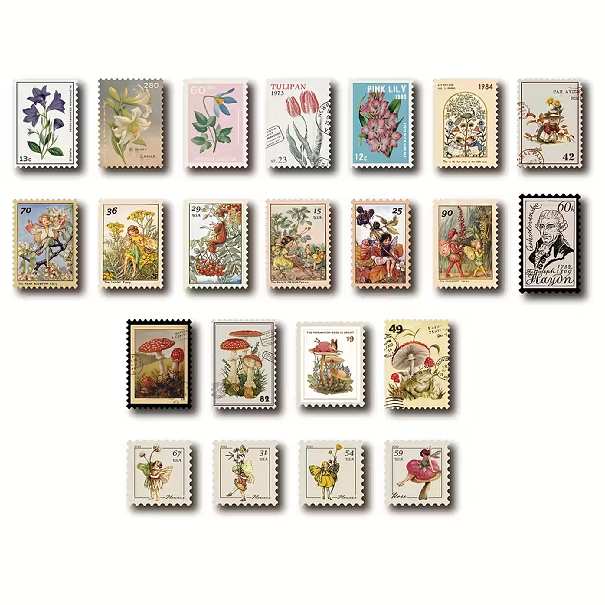 Botanische Briefmarken Sticker – 50-teiliges Set im floralen Vintage-Look