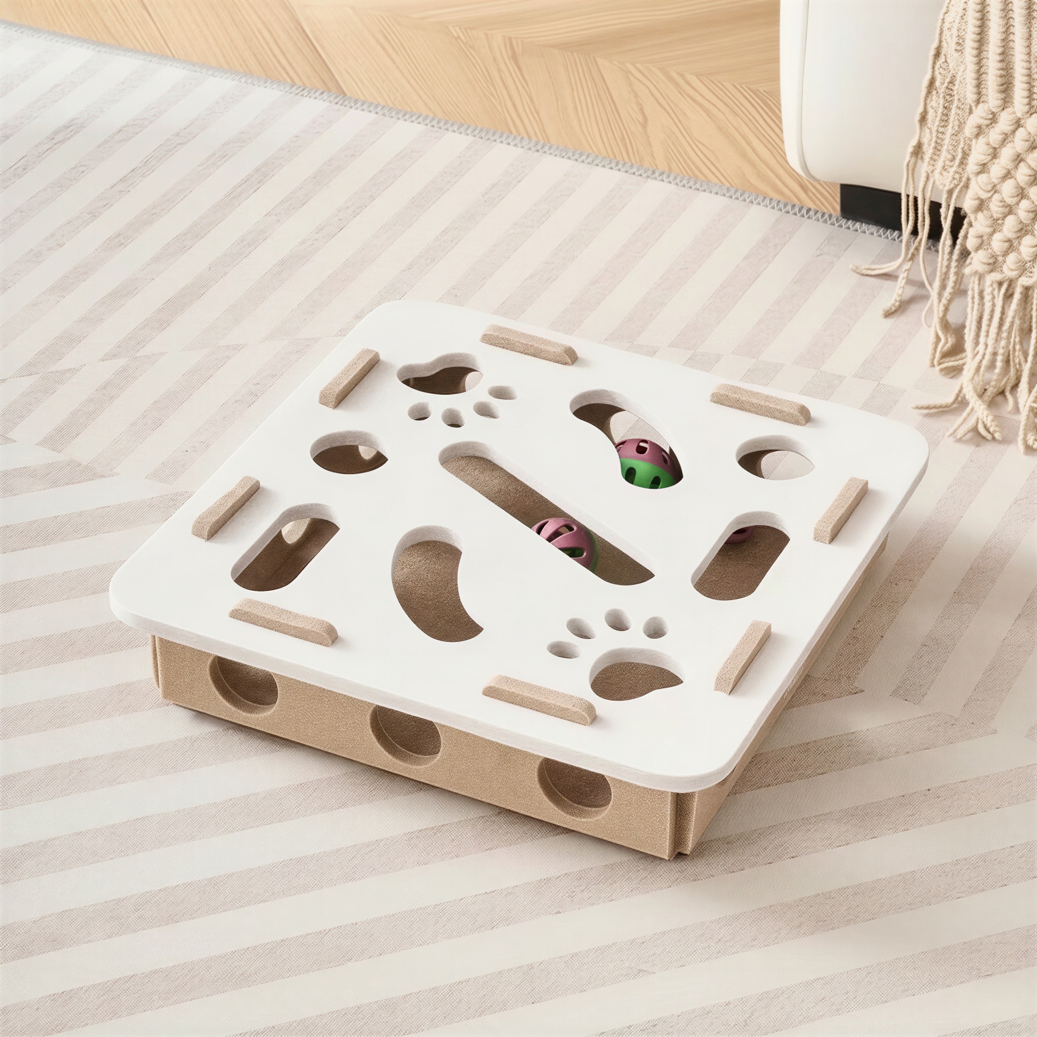 Interaktive Katzenspielbox aus Filz – Robuste Spielbox mit Glöckchenbällen