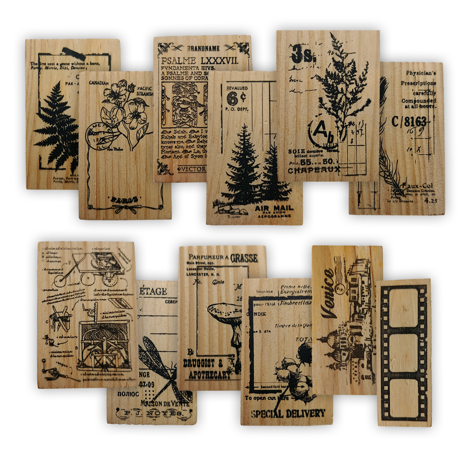 Holzstempel Pflanzenmotive Set – 12 unterschiedliche Retro Designs