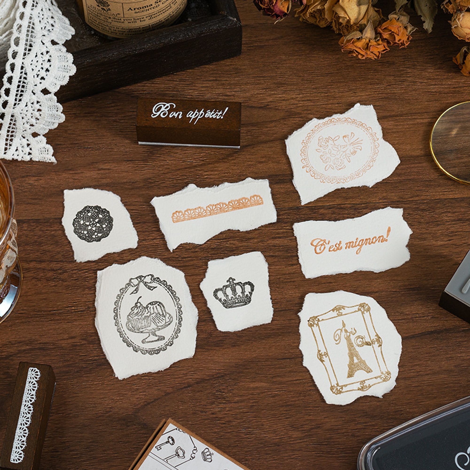Holzstempel Set französische Motive – 4er Vintage Design auf Naturholz