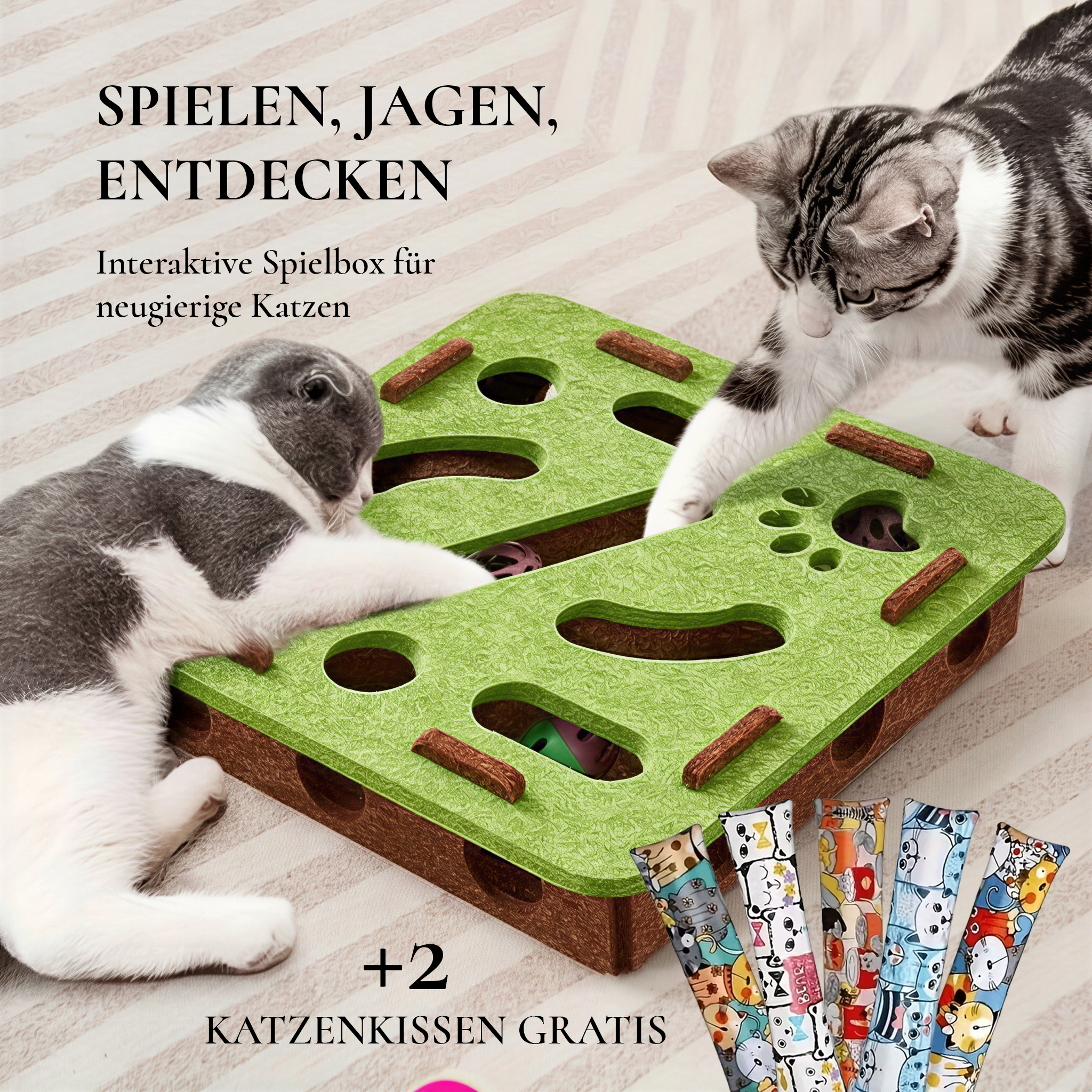 Interaktive Katzenspielbox aus Filz – Robuste Spielbox mit Glöckchenbällen