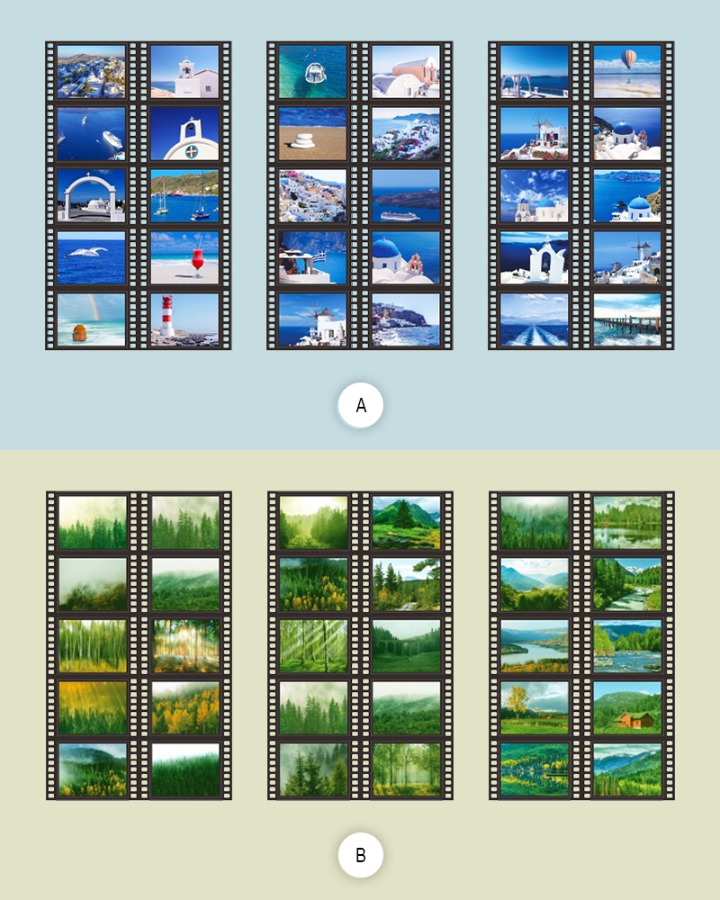 Thema A Ägäis mit weißen Häusern und Meer, Thema B grüne Wälder, je drei Filmstreifen