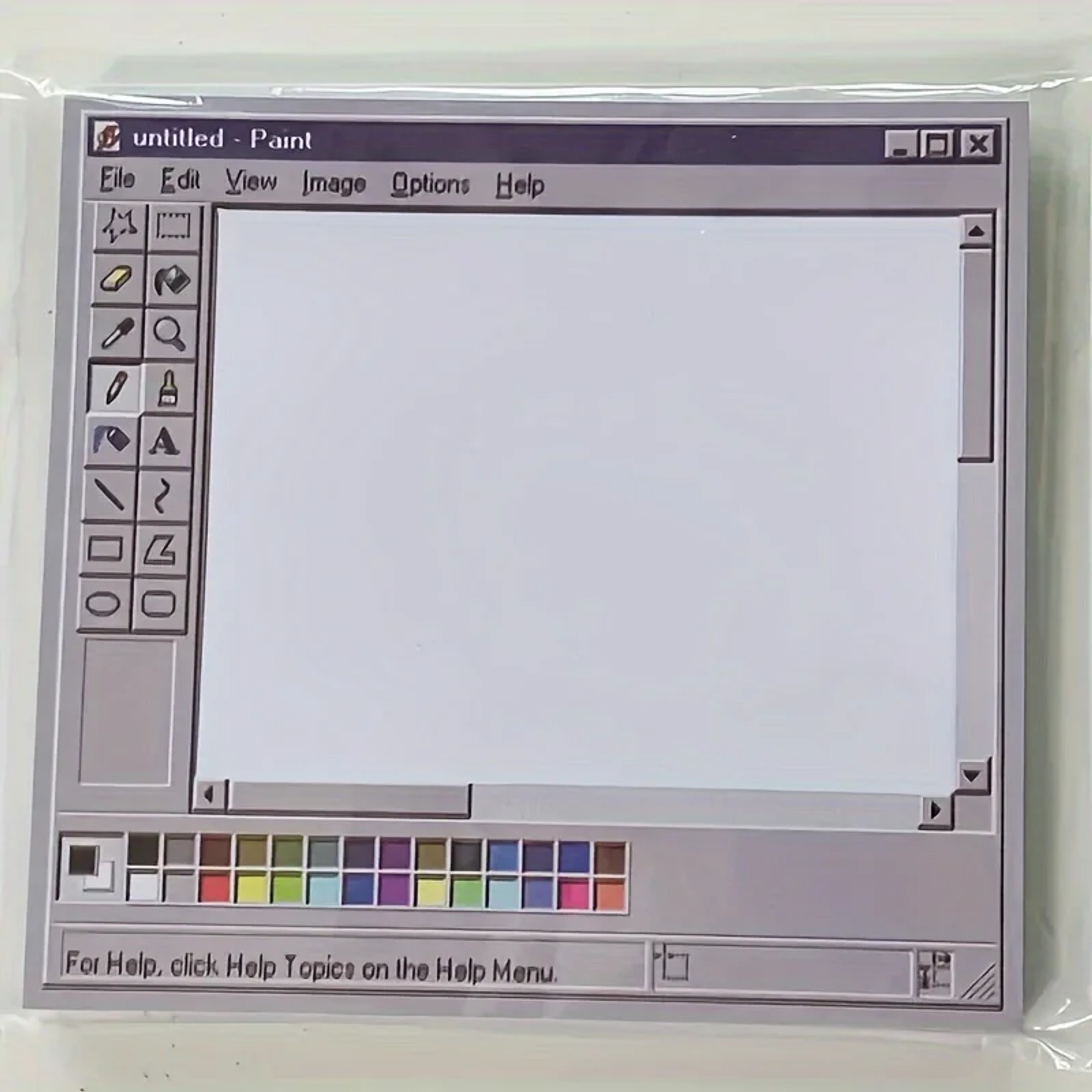 Retro Computer Haftnotizblock im Malprogramm-Design mit leerem weißem Malfeld, noch in der Folie
