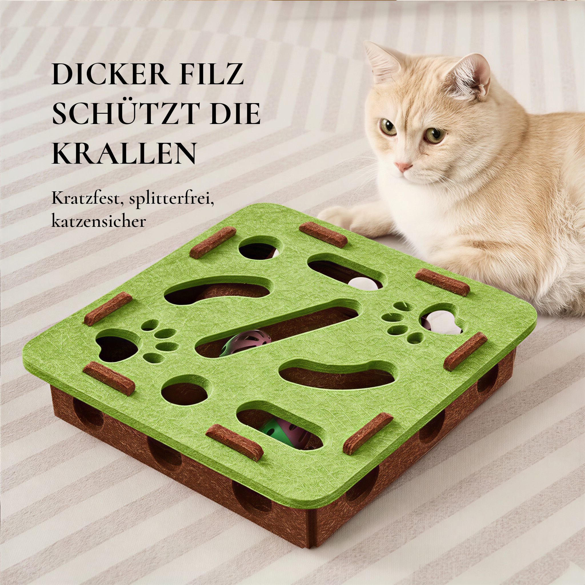 Interaktive Katzenspielbox aus Filz – Robuste Spielbox mit Glöckchenbällen