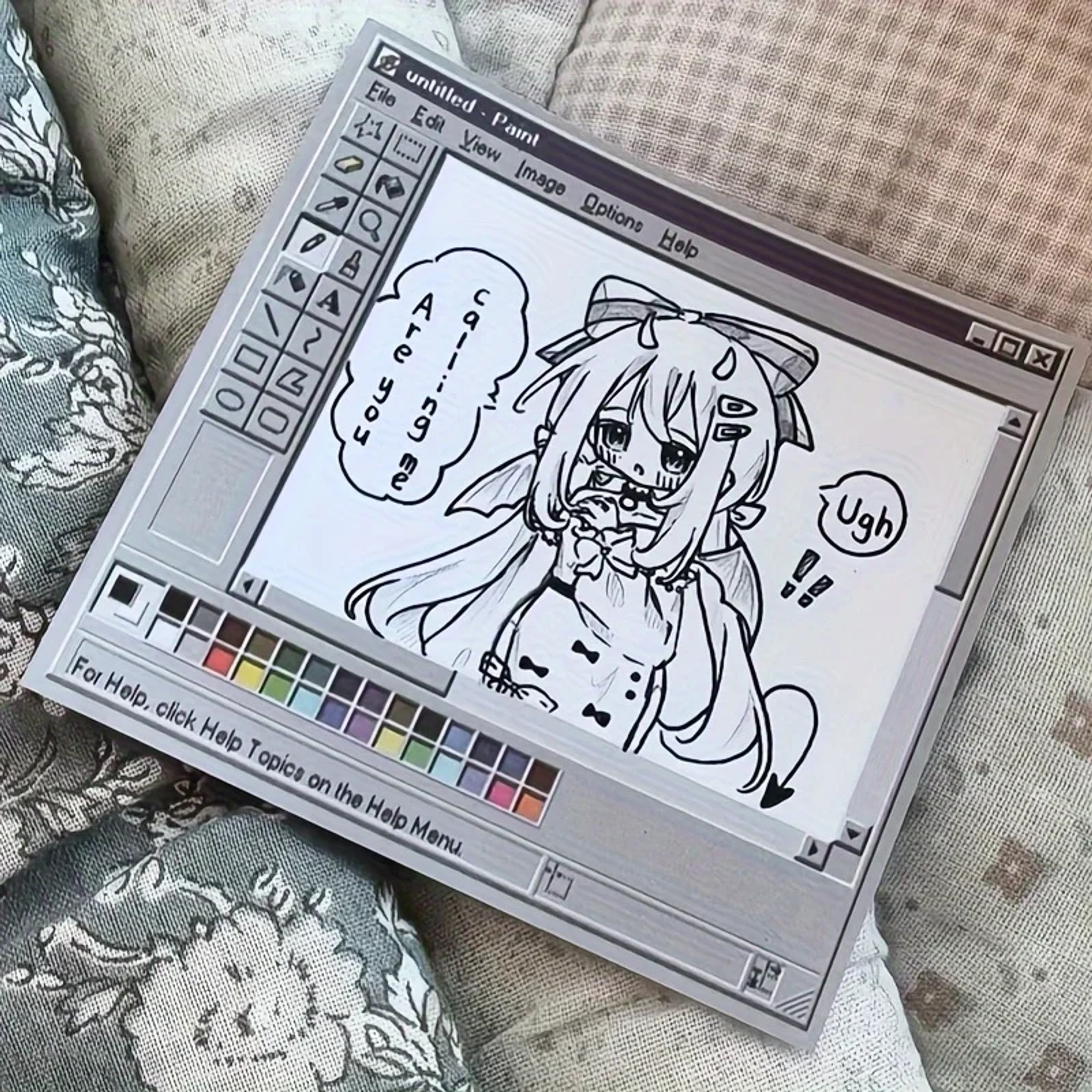 Retro Computer Haftnotiz mit gezeichneter Anime-Figur und Sprechblasen, auf einem Kissen liegend