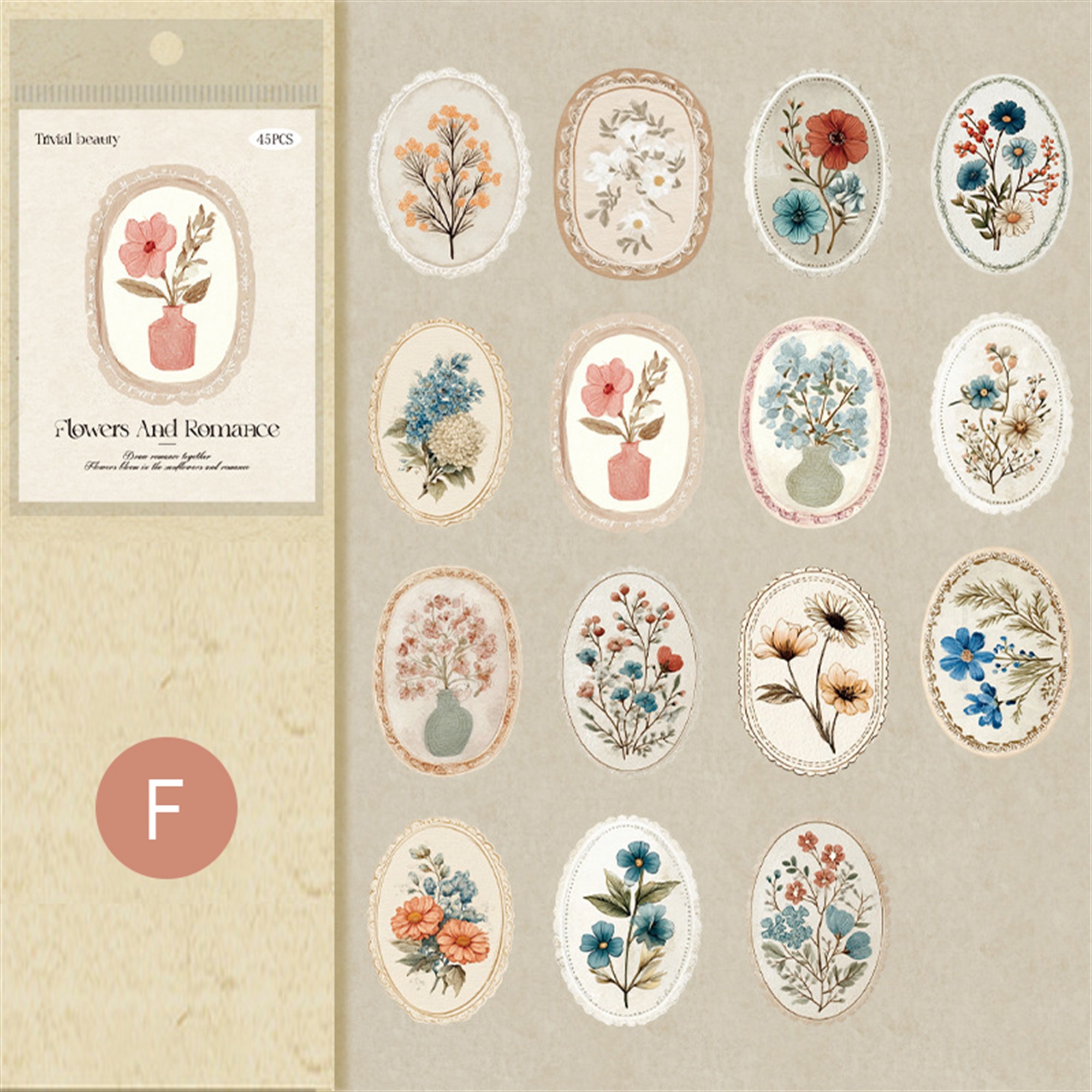 Retro Blumen Sticker Set – 45 Stück mit 15 verschiedene Motive