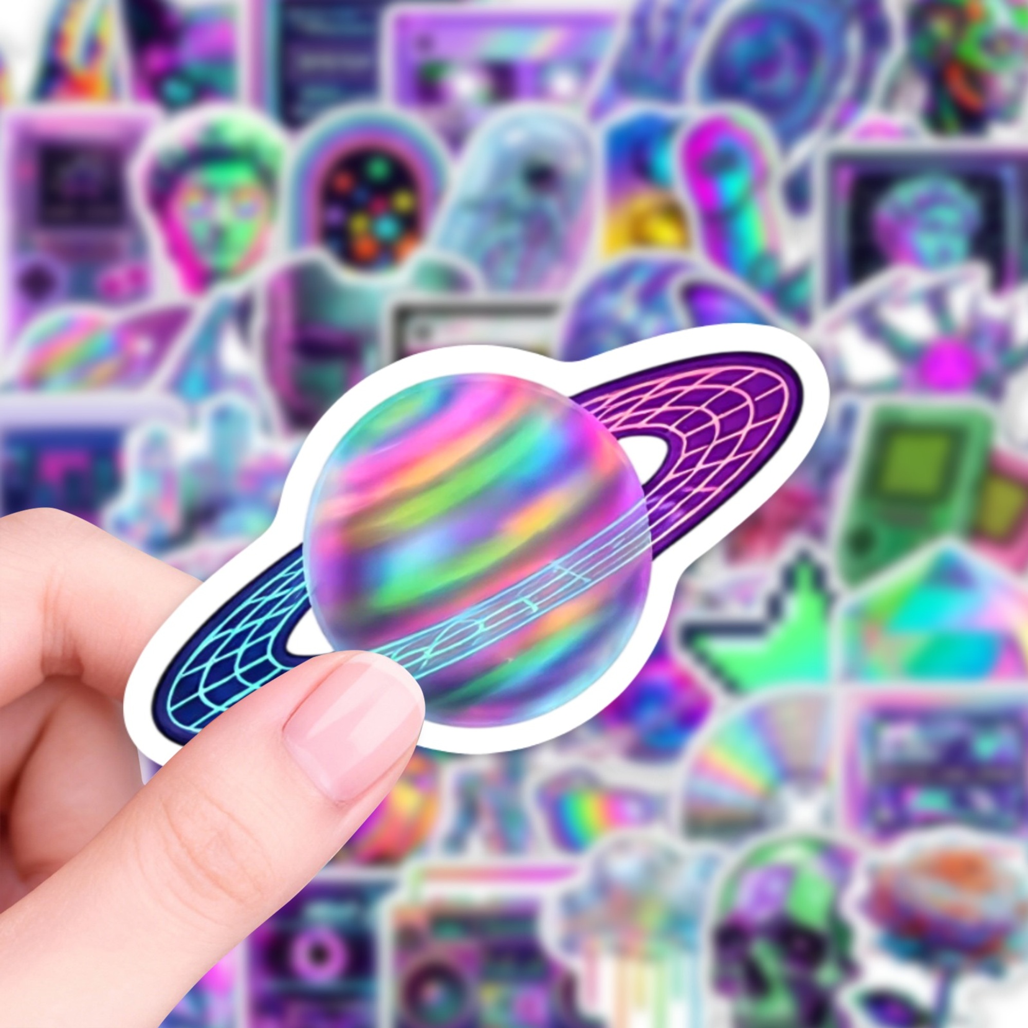 Cyber Vaporwave Sticker Set – 50 Papieraufkleber im Neonstil
